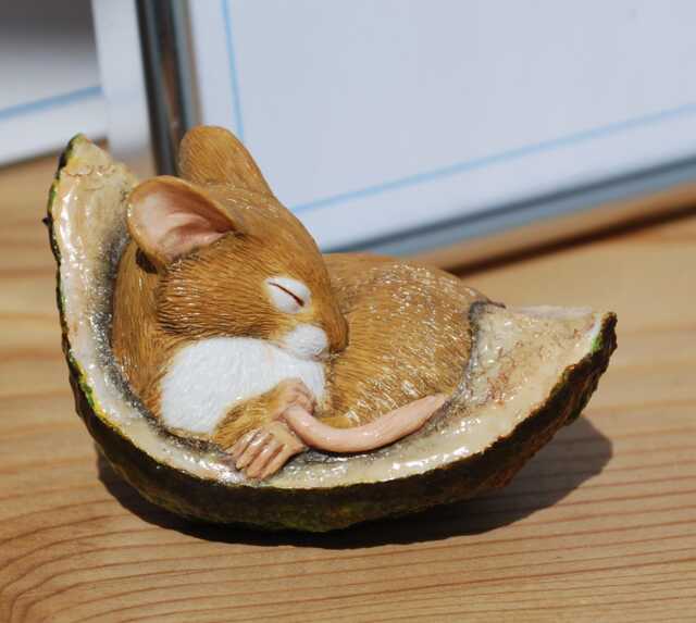 Realistic Mouse Figurine Sleeping in Conker Shell - Fine Detail Handmade & Painted - image 1