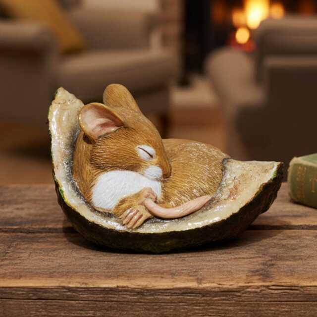 Realistic Mouse Figurine Sleeping in Conker Shell, Fine Handcrafted Detail, Size 1 3/4In High - image 1