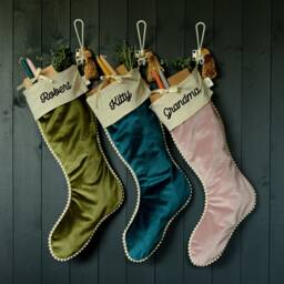 Personalised Velvet Christmas Stocking Luxurious Holiday Decor With Pompom Trim - Handmade Family Heirloom