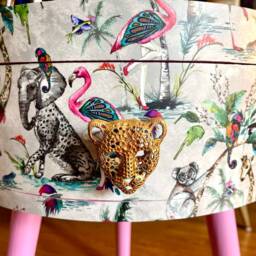 Round Leopard Print Small Coffee Table With Drawer in Grey Flamingo Elephant Design. Pink Top Leopard, Cheetah Print, Ideal Side - thumbnail 3