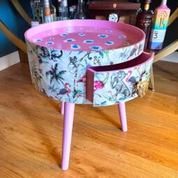 Round Leopard Print Small Coffee Table With Drawer in Grey Flamingo Elephant Design. Pink Top Leopard, Cheetah Print, Ideal Side