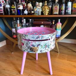 Round Leopard Print Small Coffee Table With Drawer in Grey Flamingo Elephant Design. Pink Top Leopard, Cheetah Print, Ideal Side - thumbnail 2