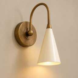 Mid Century Modern Brass Wall Sconce, Vintage Lamp With Cream Ivory Shade, Modernist Bedside Light Retro Interior & Bathroom Lighting