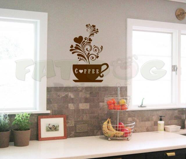 Floral Heart Coffee Cup Removable Vinyl Wall, Station Decor, Sign, Bar, Kitchen Shop - image 1