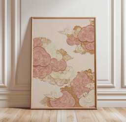 Japanese Cloud Poster Gold Swirl Wall Art - Elegant Minimalist Asian Print in Pink & Cream Tones Unframed Decor - thumbnail 1
