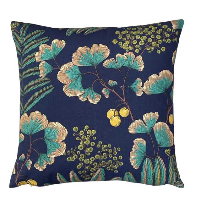 Ginkgo Fern Cushion Cover - Navy Botanical Pillow Teal Leaf Decor Kew Garden Inspired - image 1