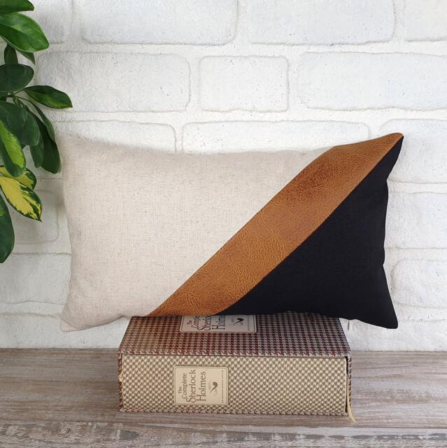 Color Block Lumbar Pillow Cover Linen, Faux Leather, Modern Scandinavian - image 1
