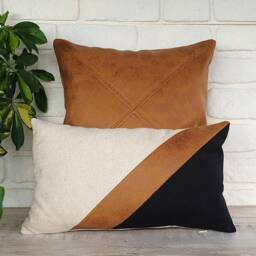 Color Block Lumbar Pillow Cover Linen, Faux Leather, Modern Scandinavian - thumbnail 3