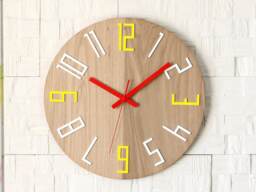 Wood Wall Clock Large Wall Clock Unique Oak Clocks Yellow Red White - thumbnail 1
