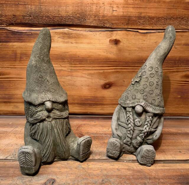 Stone Garden Pair Of Gonk Pixie Gnome Fairy Beard Hat Statue Ornament