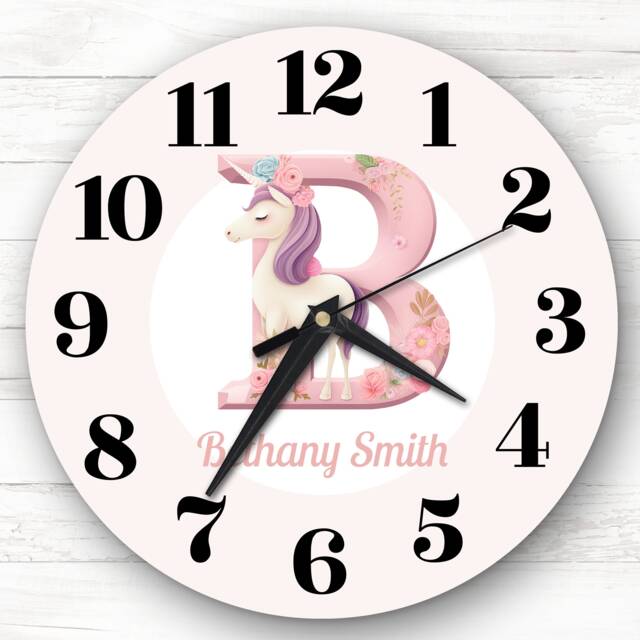 Pink Unicorn Alphabet Letter B Girls Room Custom Gift Personalised Clock - image 1
