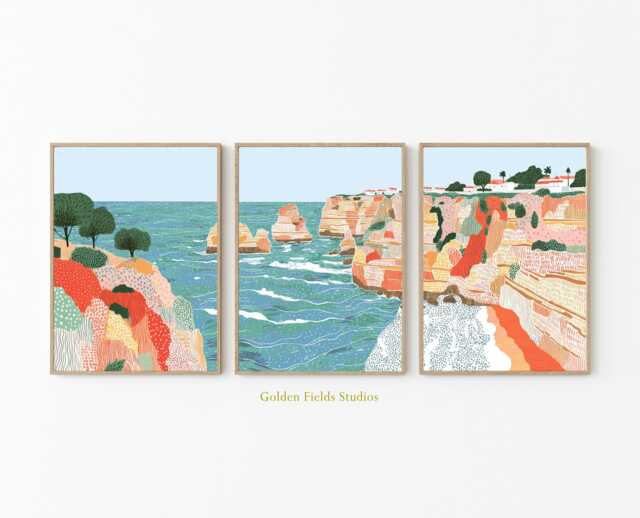 Algarve Coastal Wall Art Set Of 3, Modern Cliff & Ocean Prints, Mediterranean Seaside Landscape, Contemporary Beach Decor For Living Room - image 1