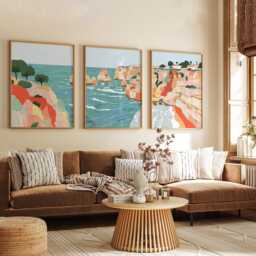 Algarve Coastal Wall Art Set Of 3, Modern Cliff & Ocean Prints, Mediterranean Seaside Landscape, Contemporary Beach Decor For Living Room - thumbnail 3