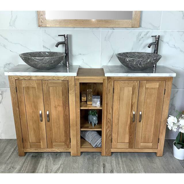 Solid Oak Double Bathroom Vanity - White Marble Top, Stone Basins - image 1