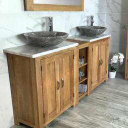 Solid Oak Double Bathroom Vanity - White Marble Top, Stone Basins - thumbnail 3