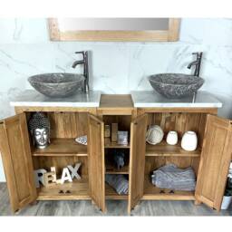 Solid Oak Double Bathroom Vanity - White Marble Top, Stone Basins - thumbnail 2