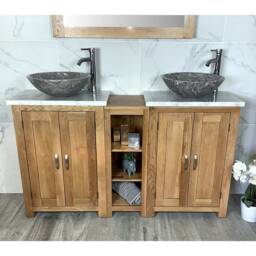Solid Oak Double Bathroom Vanity - White Marble Top, Stone Basins - thumbnail 1