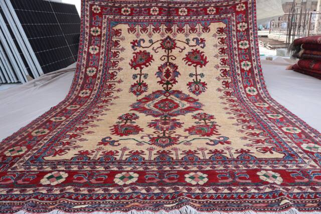 7x10 Beige Geometric Area Rug - Natural Dyes Afghan Hand Knotted Wool Muted Oriental Rug, Turkmen Tribal Living Room, Bedroom - image 1