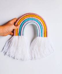 Medium Pastel Rainbow Fiber Macrame Wall Hanging/Yarn Sculpture Perfect For Nursery - thumbnail 1