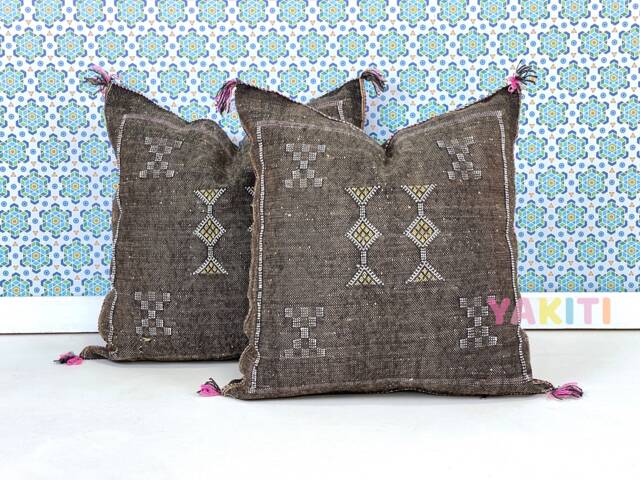 Yakiti-Brown Square Moroccan Pillows 20x20, Aka Cactus Silk Pillow, Decorative Pillows, Sabra Pillows, Moroccan Decor Designer Cactus - image 1