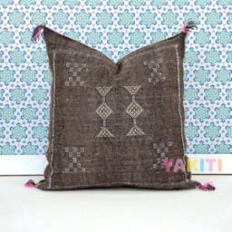 Yakiti-Brown Square Moroccan Pillows 20x20, Aka Cactus Silk Pillow, Decorative Pillows, Sabra Pillows, Moroccan Decor Designer Cactus - thumbnail 2