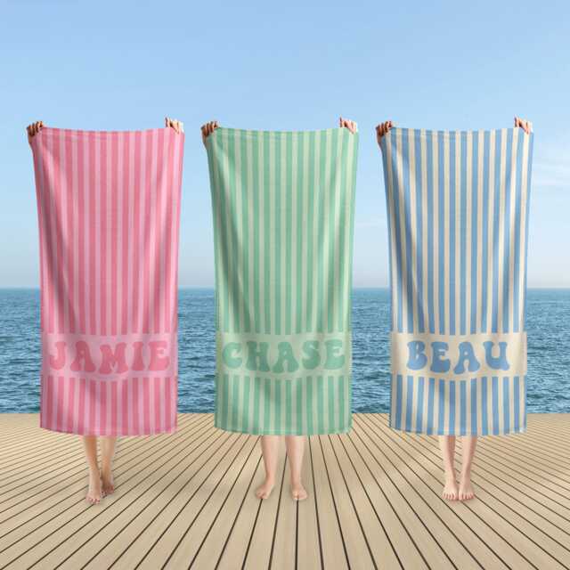 Personalized Name Beach Towel, Retro Striped Bridal Party Swimming Club Summer Essentials Vacation - image 1