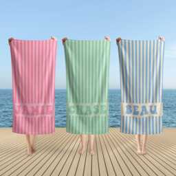 Personalized Name Beach Towel, Retro Striped Bridal Party Swimming Club Summer Essentials Vacation - thumbnail 1