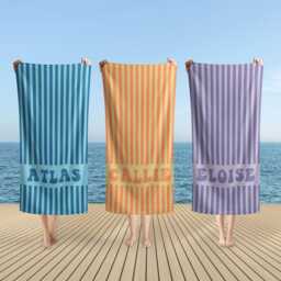 Personalized Name Beach Towel, Retro Striped Bridal Party Swimming Club Summer Essentials Vacation - thumbnail 2
