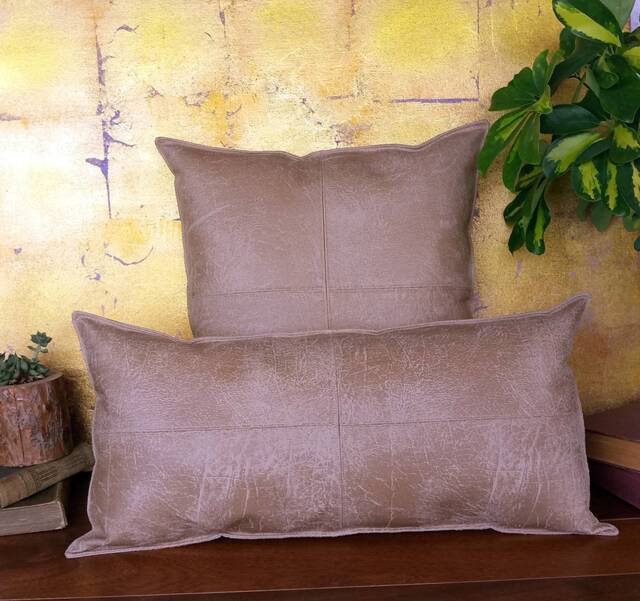 Beige Piecewise Square Faux Leather Fabric Lumbar Pillow Cover With Decorative Stitches/Scandinavian Homes-1Pc - image 1