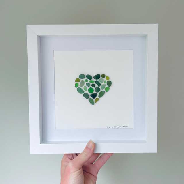 Green Sea Glass Heart Picture - Framed Wall Art Handmade in Cornwall - image 1