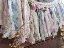 Hand Crochet Lace Garland Valance Pastel Rosettes, Shabby Rustic Chic Boho Wedding Banner Decor - thumbnail 1