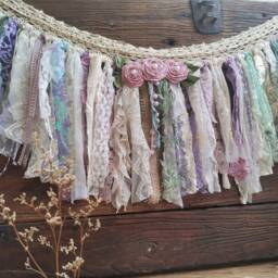 Hand Crochet Lace Garland Valance Pastel Rosettes, Shabby Rustic Chic Boho Wedding Banner Decor - thumbnail 3