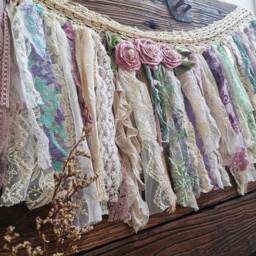 Hand Crochet Lace Garland Valance Pastel Rosettes, Shabby Rustic Chic Boho Wedding Banner Decor - thumbnail 2