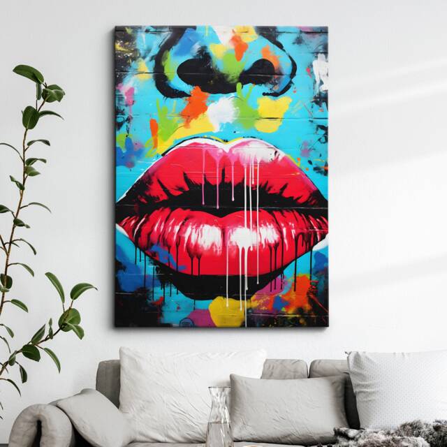Fun Graffiti Lips Face Teeth Smile Abstract Oil Painting Wall Art Framed Canvas Poster Print Home Kitchen Office Bedroom Decor Gift Idea - image 1