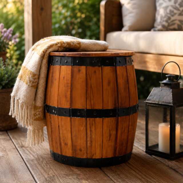 Barrel Stool With Hidden Storage Albasia Wood Rustic Side Table, Farmhouse Bar Home Decor - image 1