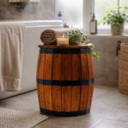 Barrel Stool With Hidden Storage Albasia Wood Rustic Side Table, Farmhouse Bar Home Decor - thumbnail 3