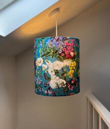 Teal Flowers Velvet Drum Lampshade/Ceiling Shade With A White Lining