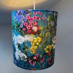 Teal Flowers Velvet Drum Lampshade/Ceiling Shade With A White Lining - thumbnail 3