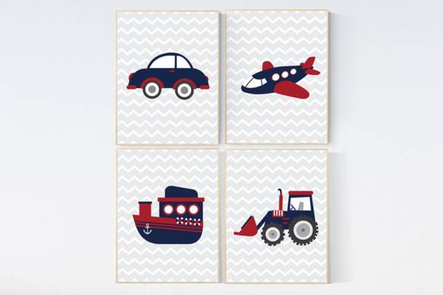 Transportation Nursery Prints Navy Red Vehicle Wall Art - image 1