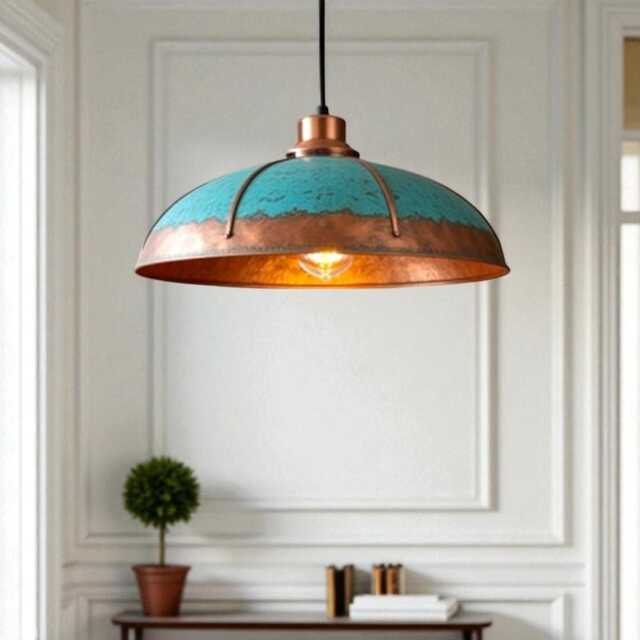 Handmade Copper Dome Pendant Light Rustic Turquoise Patina, Industrial Decor - image 1