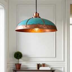 Handmade Copper Dome Pendant Light Rustic Turquoise Patina, Industrial Decor - thumbnail 1