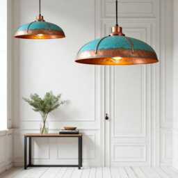 Handmade Copper Dome Pendant Light Rustic Turquoise Patina, Industrial Decor - thumbnail 3