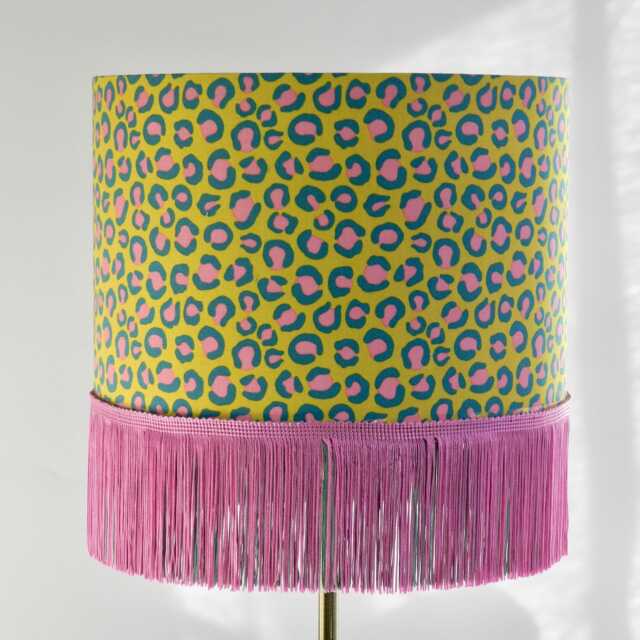 Handmade Leopard Print Lampshade Pink, Teal & Ochre. Gold Lined Optional Fringe - image 1