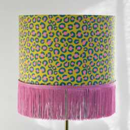 Handmade Leopard Print Lampshade Pink, Teal & Ochre. Gold Lined Optional Fringe