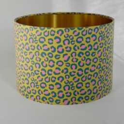 Handmade Leopard Print Lampshade Pink, Teal & Ochre. Gold Lined Optional Fringe - thumbnail 2
