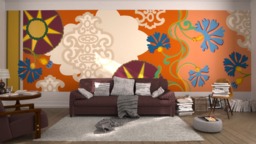 Mansion I Zenith. French Designer Boutique Wall Mural Art. Playful Bright Bold Patterns, Geometric Heavens, Floating Flowers, Dynamic Motif