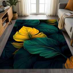Tropical Leaves Area Rug Green Gold Palm Botanical Jungle Boho Carpet