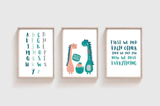 Set Of 3 Dinosaur Prints, Nursery Quotes, Decor, Wall Art, Name Print, Boys Poster - image 1