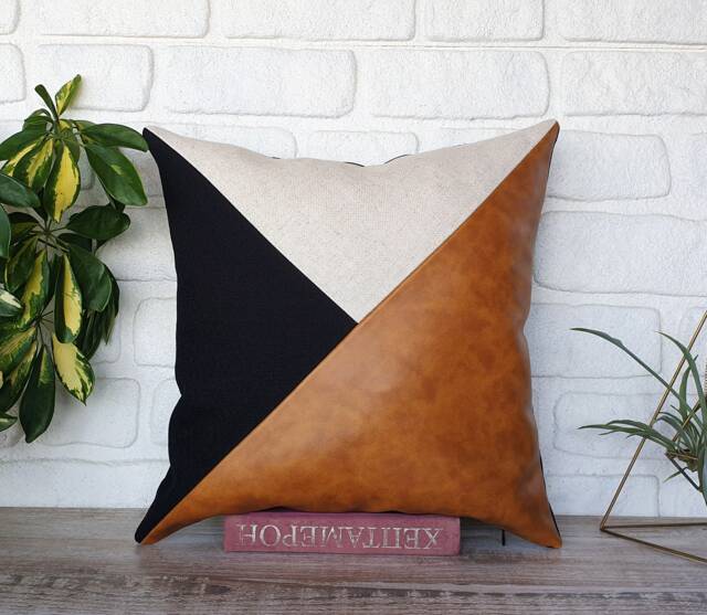 Triangle Faux Leather Pillow Cover Modern Camel Beige Black Design - image 1