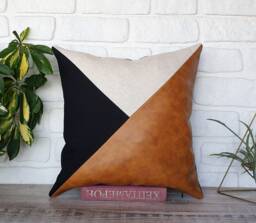 Triangle Faux Leather Pillow Cover Modern Camel Beige Black Design - thumbnail 1